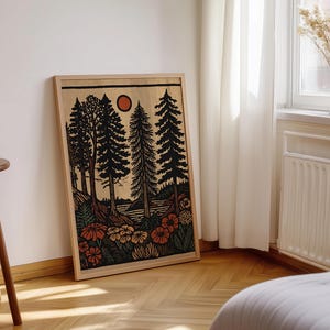 Pacific Northwest forest poster for living room — vintage-inspired artwork with bold silhouettes and warm wildflower accents.