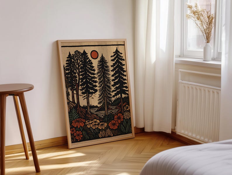 Pacific Northwest forest poster for living room — vintage-inspired artwork with bold silhouettes and warm wildflower accents.