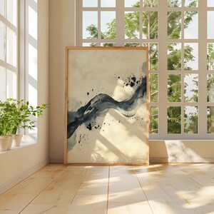 Modern ink wash artwork for gallery wall — diagonal brushstroke motif and textured cream backdrop evoke contemporary and tranquil vibes.