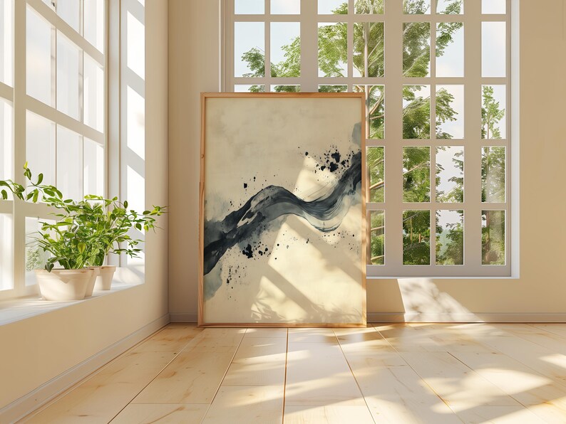 Modern ink wash artwork for gallery wall — diagonal brushstroke motif and textured cream backdrop evoke contemporary and tranquil vibes.