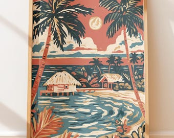 Bungalows sobre el agua en una isla tropical, póster de viaje retro vintage, impresión en bloque de arte popular.
