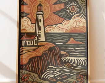 Retro Coastal Lighthouse Wall Art - Modern Boho Wall Decor, Rustic Outdoor Aesthetic, Adventure Wall Art, Outdoorsy Folk Style Home Decor