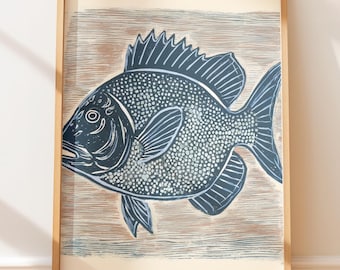Plakat w stylu vintage „Red Snapper” – sztuka ścienna w stylu retro, marynistyczny druk blokowy, ilustrowana ryba w sztuce ludowej Zachodu, sztuka w stylu rodzimym, rustykalny
