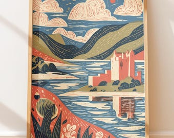 Zamek w szkockich górach Loch, retro druk linorytniczy, plakat podróżniczy w stylu vintage, ilustracja krajobrazu ludowego