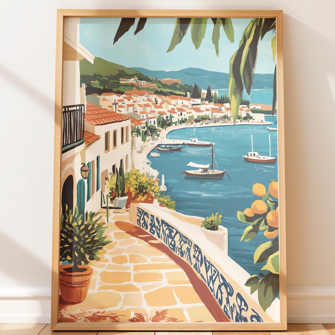 Bright Coastal Seaside Town Wall Art - Cheerful Mediterranean ...