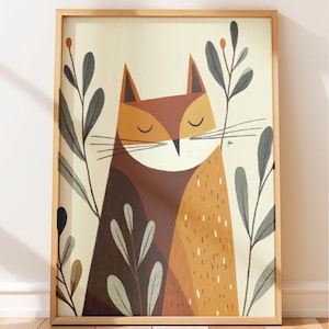 Può includere: Una stampa artistica incorniciata con un'illustrazione stilizzata di una volpe. La volpe è raffigurata con colori marrone, arancione e beige, circondata da fogliame grigio scuro e verde su uno sfondo color crema. L'opera d'arte ha uno stile illustrativo stravagante.