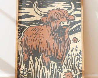 Folk Art Print of Highland Cow - Rustic Folk Style, Folk Wall Decor, Outdoors Aesthetic, Native Style Folk Art, Linocut Art, Vintage