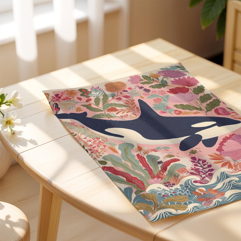 Orca illustration wall art for nautical nursery — vibrant pastel colors with botanical elements and playful sea vibes.