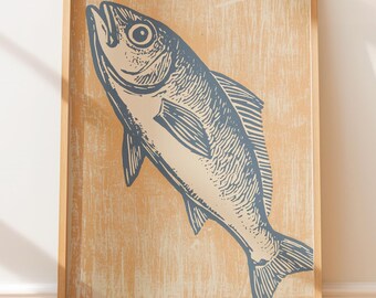 Plakat retro linorytowy z rybą, minimalistyczny linoryt, marynistyczny druk blokowy, rustykalna sztuka w stylu rdzennych mieszkańców, ilustracja ludowa
