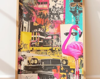 Pop Art Print Neon Flamingos - Retro Miami Convertible and Palm Trees, Vibrant Street Art Print, Fun Wall Decor, Vintage Art Deco Style