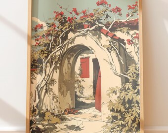 Japanese Art-inspired Stone Archway - Botanical Retro Illustration, Cottagecore Scene with Red Shutters & Bougainvillea Flowers