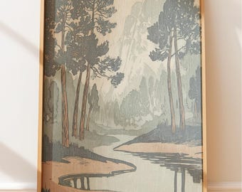 Poster vintage di un fiume tra i pini - Arte murale retrò, stile di stampa a blocchi di arte popolare, illustrazione nativa, arte di viaggio western