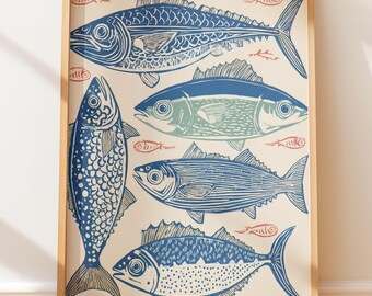 Plakat w stylu vintage – grafika blokowa, mapa ryb, sztuka żeglarska, sztuka ścienna w stylu retro do domu na plaży, kolekcja sztuki ludowej, wystrój w stylu marynistycznym