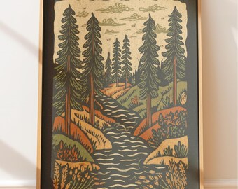 Rustic Outdoor Decor, Folk Style Art Prints - Sequoia Forest Scene, Calm Nature Vibe Decor, Adventure Wall Art, Living Room Artwork