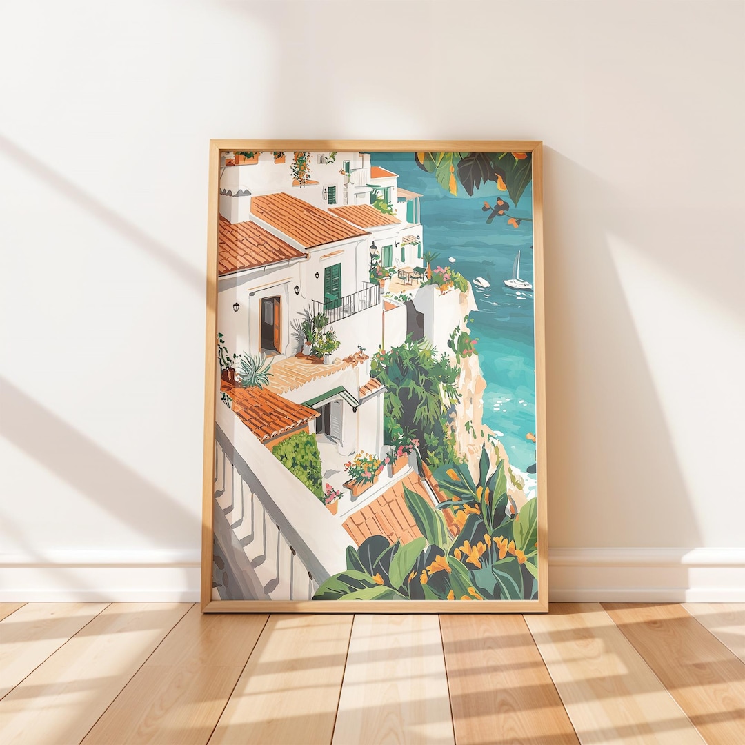 Mediterranean Coastal Print, Italy Seaside Terrace, Retro Travel Poster ...