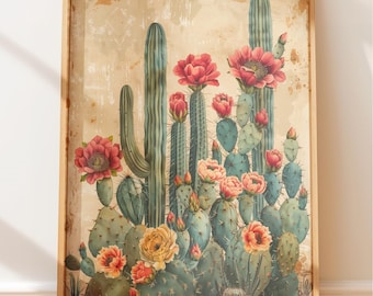 Desert Landscape Watercolor Print - Vintage Mexican Folk Art, Flowering Cacti Scene - Boho Chic, Earth Tone Decor, Nature Illustration