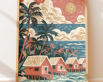 Plakat podróżniczy Vintage na Malediwy, bungalowy na tropikalnej wyspie, ilustracja retro, sztuka ludowa, wydruk blokowy