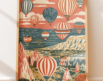 Póster vintage de globos aerostáticos en Capadocia, Turquía, estilo retro, arte mural de viajes, impresión folclórica en bloque.