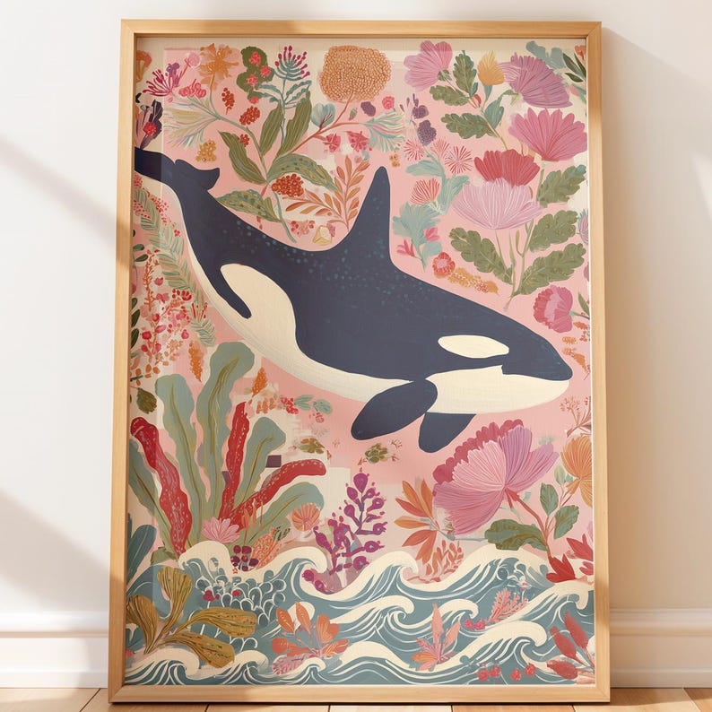 Orca art print for entryway decor — hand-painted style with bright colors, ocean waves, and botanical accents creating a lively atmosphere.