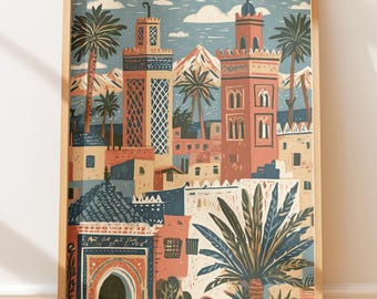 Marrakesz Medina, pejzaż miejski, plakat vintage, ilustracja retro, sztuka ścienna, sztuka ludowa, wydruk blokowy