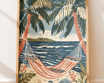 Póster vintage de hamaca en la playa, arte mural retro de viajes, ilustración folclórica