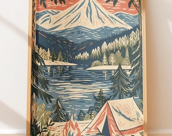Poster vintage, tenda da campeggio, montagna, lago, viaggio retrò, stampa a blocchi, illustrazione di arte popolare