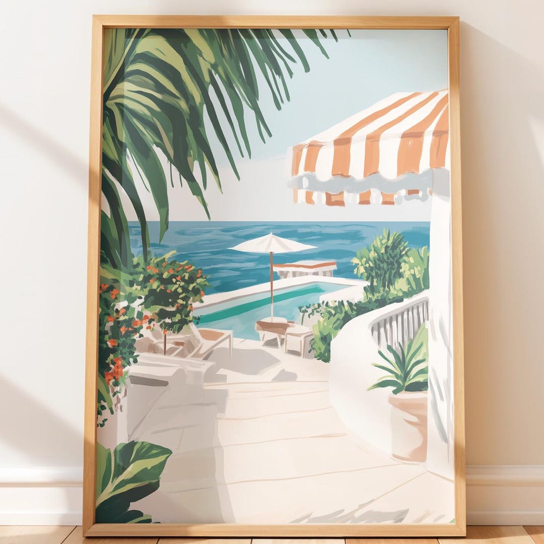 Mediterranean Coastal Terrace Print - Beachy Ocean View Art, White ...