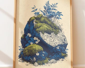 Botanische Wandkunst: Moosiger Felsbrocken mit Wildblumen - Dark Academia Style