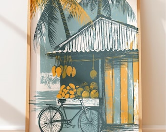 Vintage Travel Poster, Tropical Island Market Art Print, Retro Wall Art, CalmNature Vibe