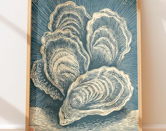 Plakat vintage z muszlami ostryg – druk linorytniczy w stylu retro, sztuka ścienna w stylu marynistycznym, sztuka w stylu rodzimym, ilustracja vintage, wystrój nadmorski