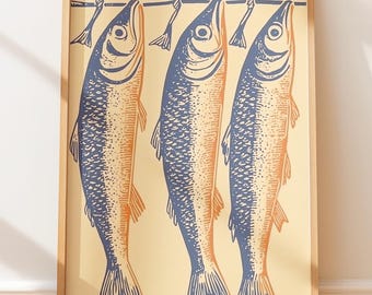 Plakat z targiem rybnym z sardynkami – sztuka ścienna w stylu retro, sztuka drukowana w blokach, wystrój nadmorski, ilustracja w stylu marynistycznym w stylu vintage, sztuka ludowa