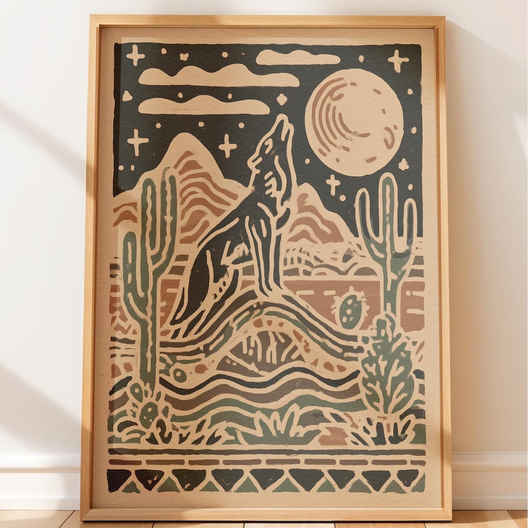 Rustic Coyote Howling at Moon - Folk Style Art Prints, Desert Landscape ...