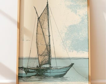 Vintage Travel Poster Sri Lankan Boat, Tropical Island Art Print, Coastal Wall Art