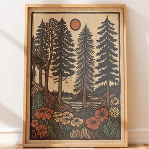 Rustic outdoor adventure artwork for nursery — layered hills and whimsical wildflowers in warm tones creating a serene woodland feel.