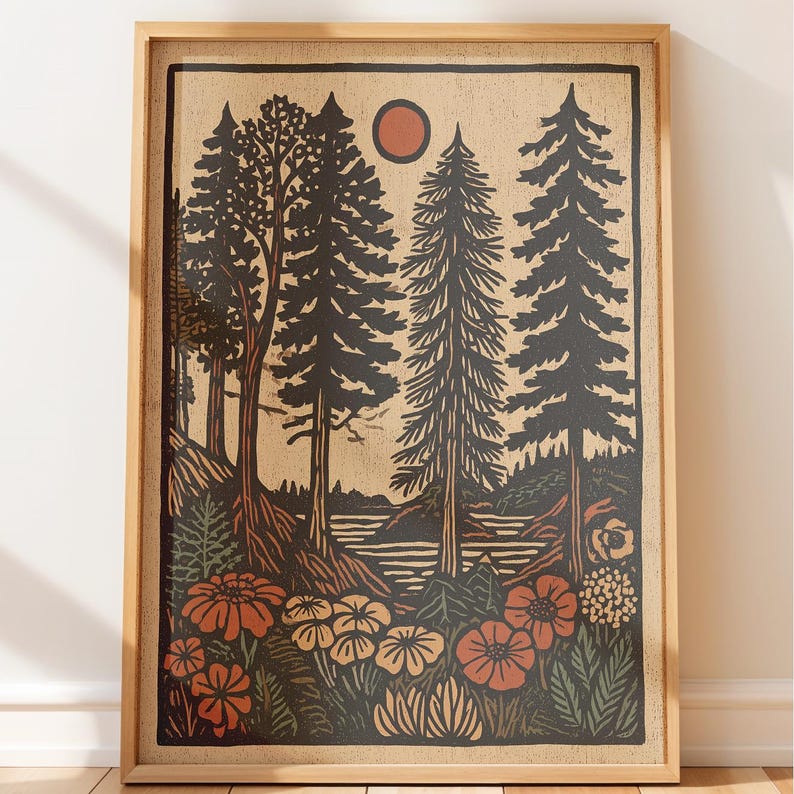 Rustic outdoor adventure artwork for nursery — layered hills and whimsical wildflowers in warm tones creating a serene woodland feel.