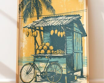 Tropical Island Art Print: Mango Market Vintage Travel Poster, Rustic Linocut Art Retro Wall Print