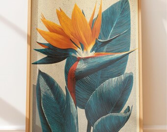Viktorianische botanische Gravur, Paradiesvogel Blumenwandkunst