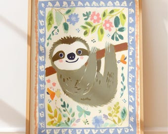 Sloth Art Print: Fun Animal Wall Decor for Kids (Butterflies & Flowers)