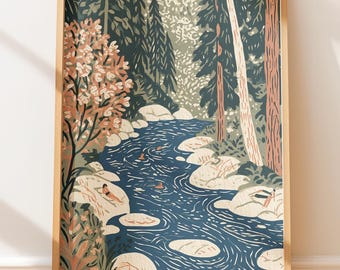 Póster vintage de un estanque natural junto al río en el bosque, arte folclórico retro para viajes.