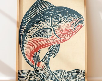 Stampa vintage di Mahi Mahi - Illustrazione retrò su linoleum di arte popolare, arte murale costiera in stile nativo, decorazione grafica da viaggio western