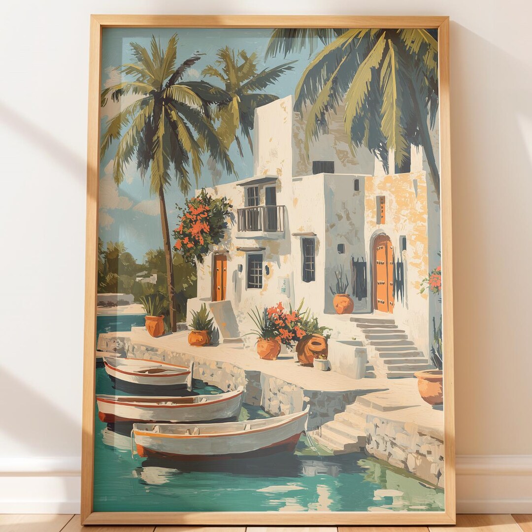 Coastal Village Travel Poster Print - Sunlit Mediterranean Art, Vintage ...