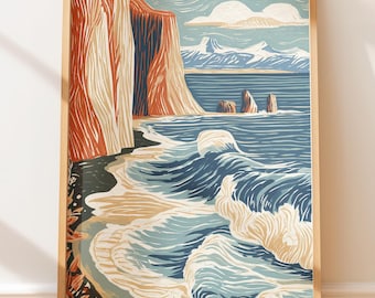 Vintage Poster Iceland Black Sand Beach, Retro Lino Travel Wall Art Folk Art Block Print