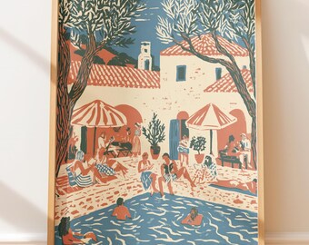 Plakat w stylu vintage, śródziemnomorska willa przy basenie, retro podróż, sztuka ścienna, wydruk blokowy