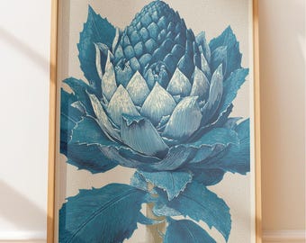 Bromelie Blumen Druck: Dunkel Türkis Marineblau Botanische Kunst (Linolschnitt-Stil)