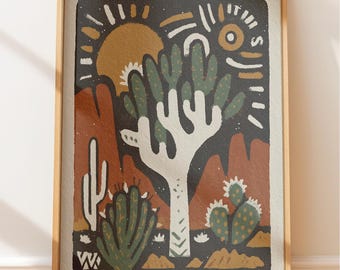 Joshua Tree Desert Print - Folk Art Style, Warm Earth Colors