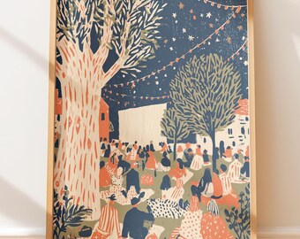 Plakat w stylu vintage, kino plenerowe, noc, plac wiejski, sztuka ludowa, retro, druk linorytniczy