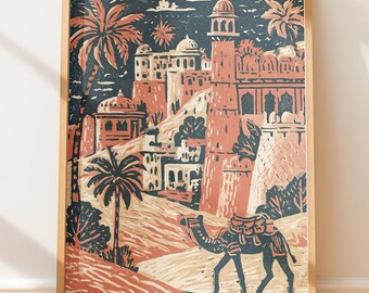 Radżastan Pustynny Fort Pałac Wielbłąd Podróż Plakat Vintage Ilustracja Sztuka Ludowa Retro Linoryt
