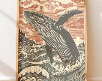 Vintage Poster of Breaching Humpback Whale - Retro Wall Art, Nautical Folk Art, Vintage Illustration, Native Style Art, Retro Lino