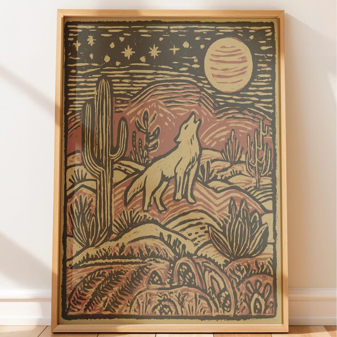 Desert Landscape Wall Art Coyote Howling at Moon - Rustic Outdoor Decor ...