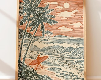 May include: Framed art print of a beach scene with a surfer, palm trees, and ocean waves. The artwork uses a retro colour palette of orange, teal, and cream. The print is in a wooden frame, ready to hang. A sunny day at the beach.